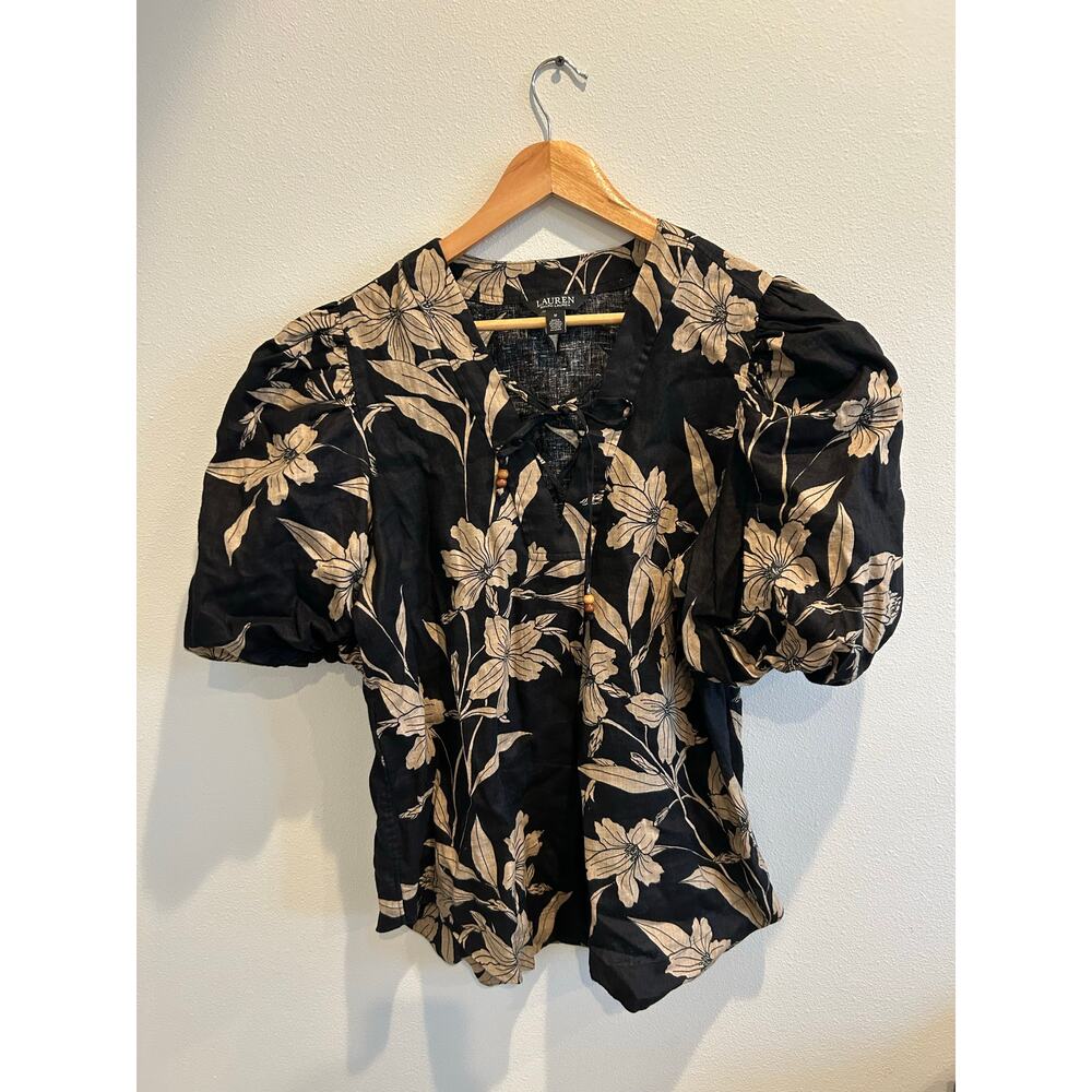 Ralph Lauren 100% Linen puff sleeve floral black beige tie front blouse top sz M - Picture 2 of 8